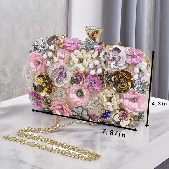 Beaded Floral Evening Clutch Satin Bag Guest Party Wedding Accessories - Picture 3 of 6